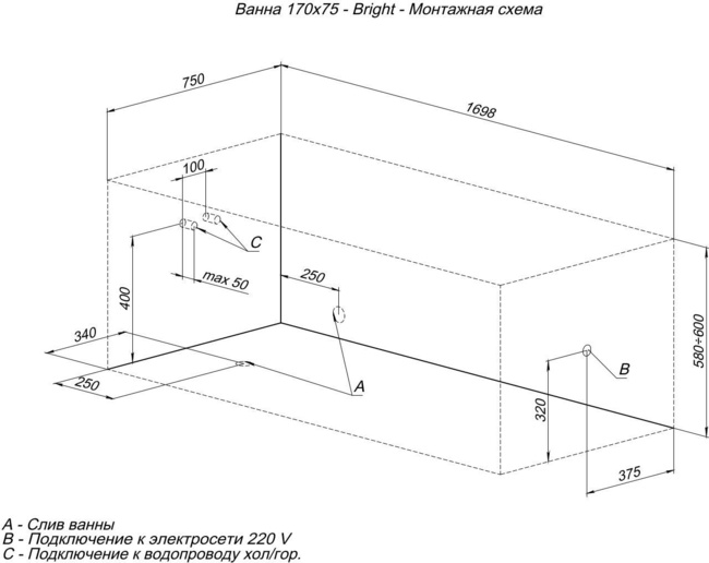 Aquanet Bright 170x75 (с каркасом)