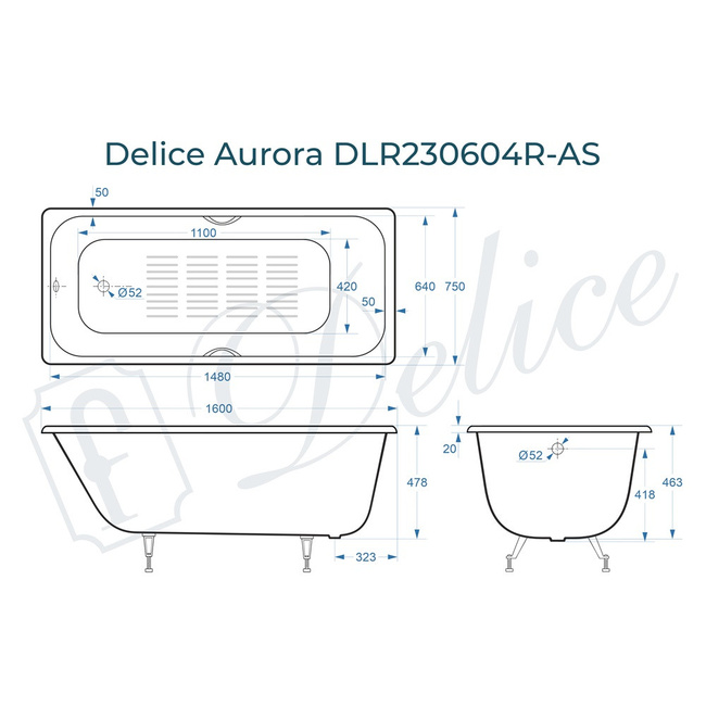 Delice Aurora 160х75 с отверстиями под ручки и антискользящим покрытием (в комплекте только ванна, без ножек и слива-перелива)