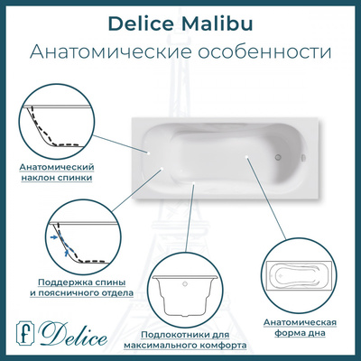 Delice Malibu 170х75 с антискользящим покрытием (в комплекте только ванна, без ножек и слива-перелива)