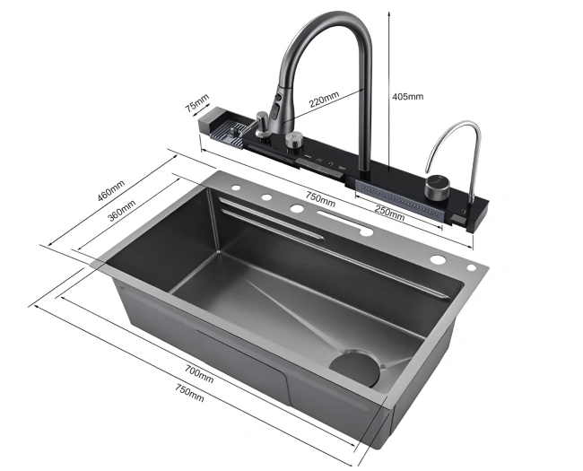 Ceruttispa GLORIA II nano black (серая) кухонная, многофункциональная, из нержавеющей стали, (750х460х230)